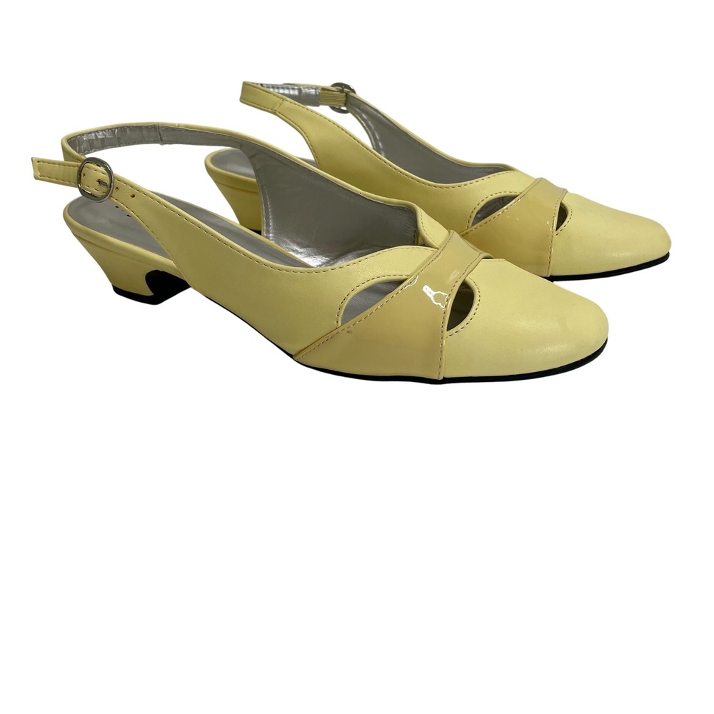 Angel Steps 9M Yellow Slingback Kitten Heels Cutout Patent Accent Pumps Retro 60